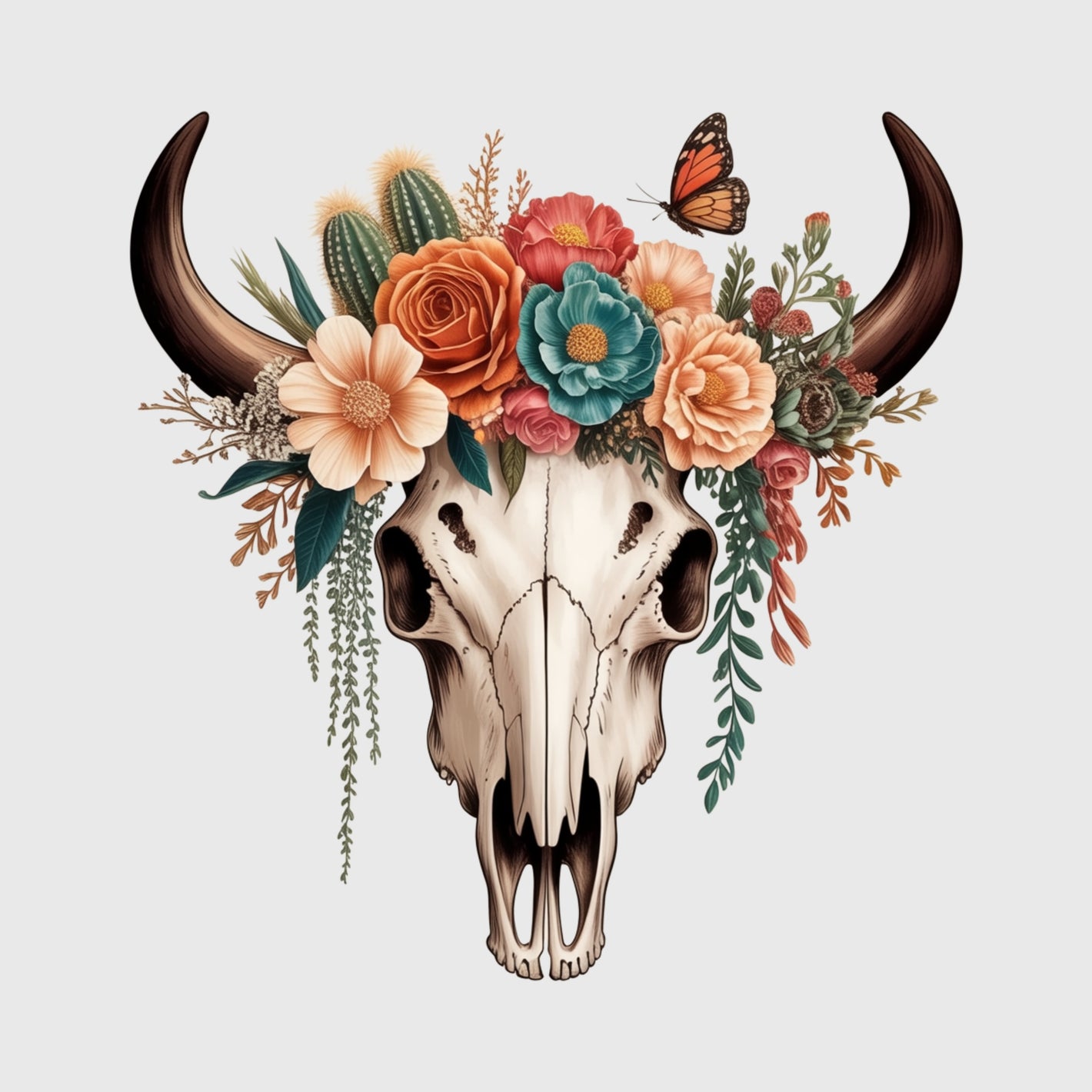 Floral Longhorn Skull Transfer