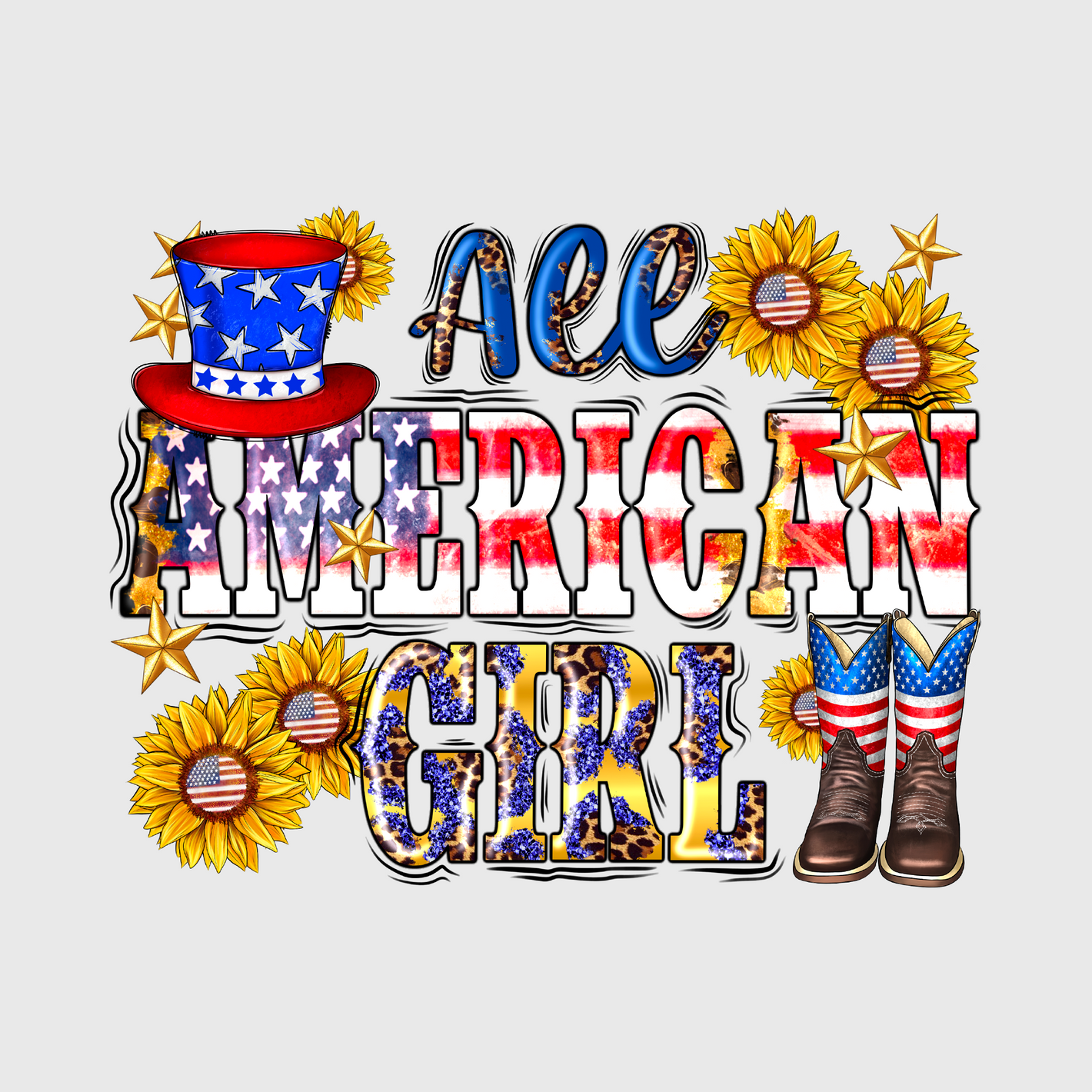 All-American Girl Floral Patriotic Transfer