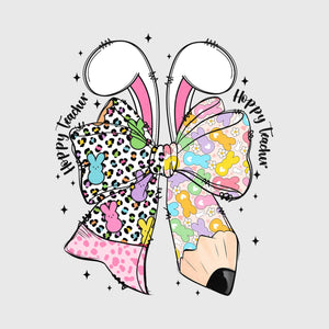 Happy Teacher Bunny Bow Transfer