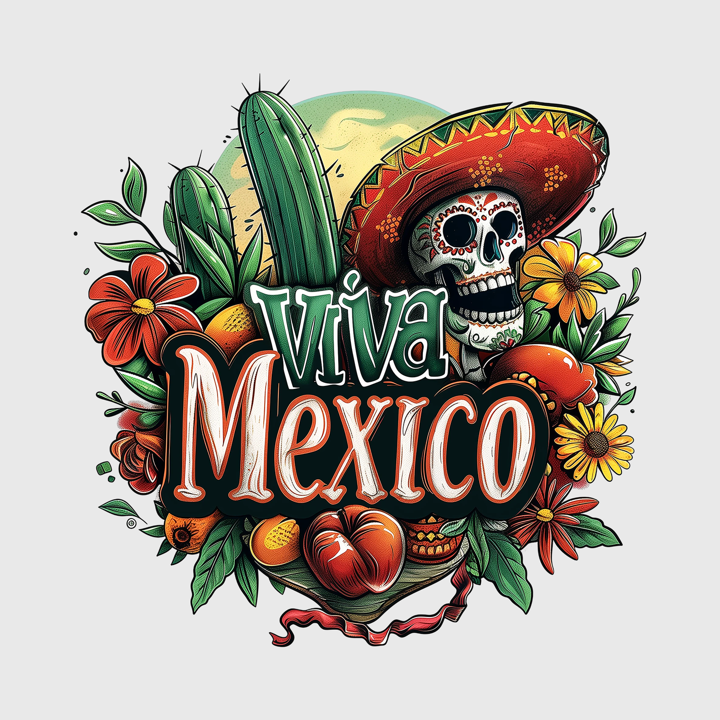 Viva Mexico Skull and Flowers Transfer