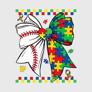 Puzzle Heart Baseball Bow Transfer