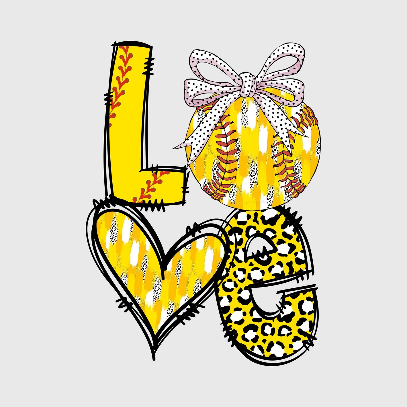 Love Softball Yellow Bow Transfer