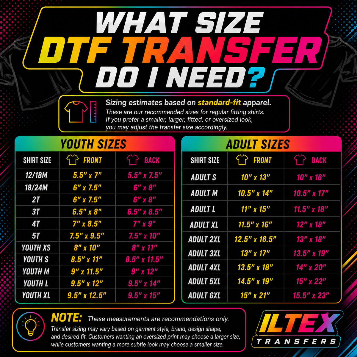 DTF Transfers By Size | ILTEX Transfers