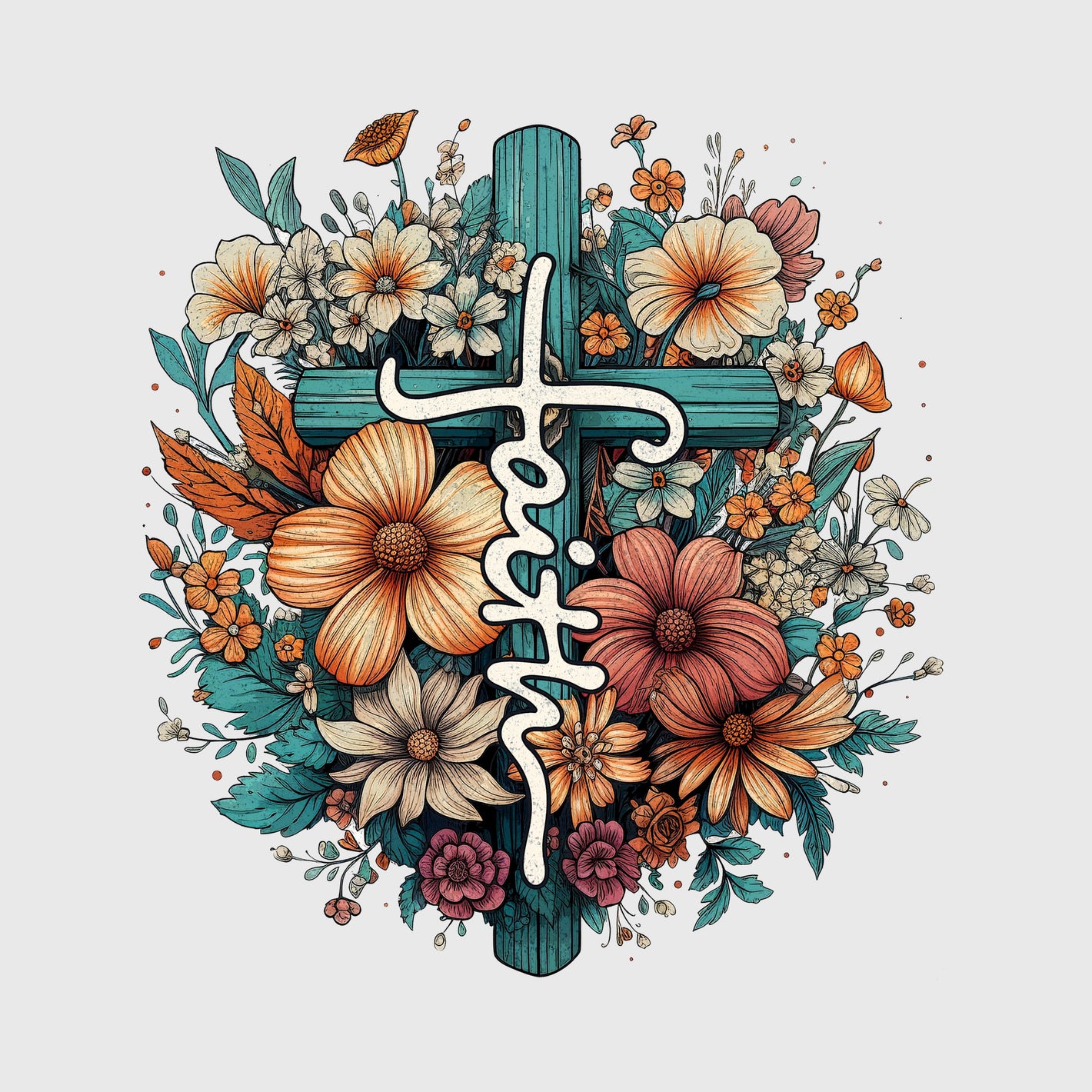Teal Faith Floral Cross Transfer
